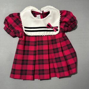 Toddler 2T Red Black Plaid Puff Sleeve Dress Peter Pan Collar Bow‎